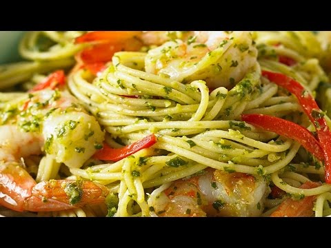 Mediterranean Diet Recipes - Spaghetti with Olive Pesto & Shrimp Recipe